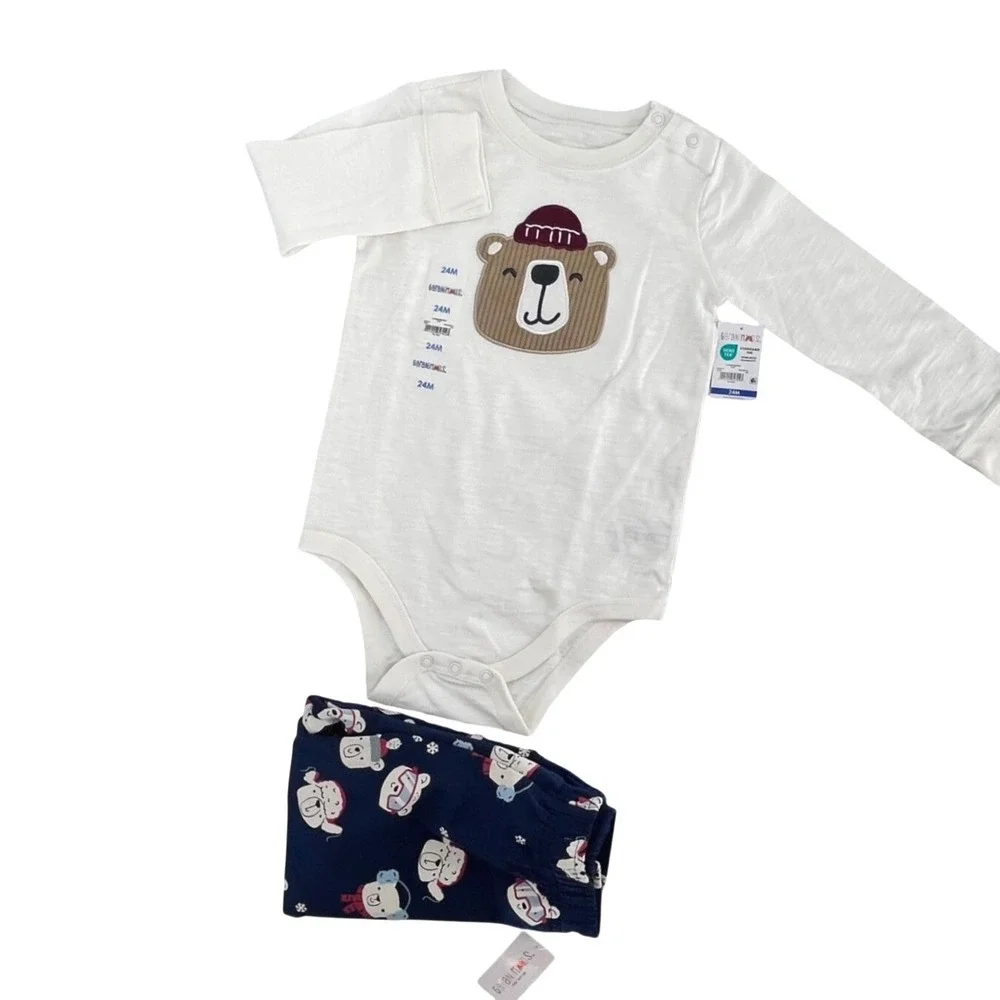Garanimals Bodysuit Pants Set Girls 24M White Blue Bear Winter Holidays NEW